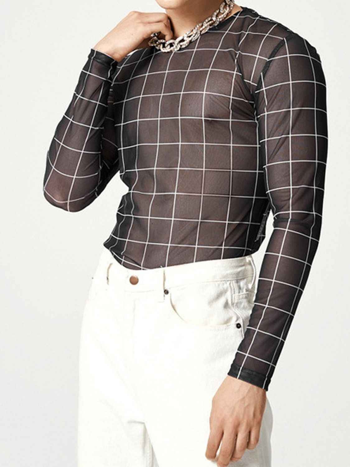 Men's Full Size Plaid Round Neck Long Sleeve Top Plus Size - Damned Threads